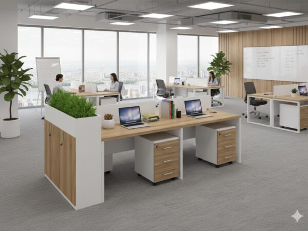 4 person workstation with planter cabinet attached